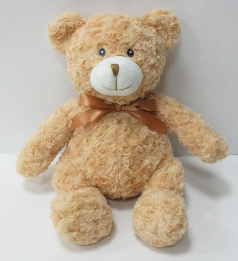 Cream rose-swirl plush teddy bear with satin ribbon, made by Happy Toy