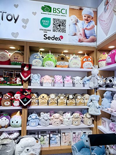 Sample room shelves with plush toy designs, view 1